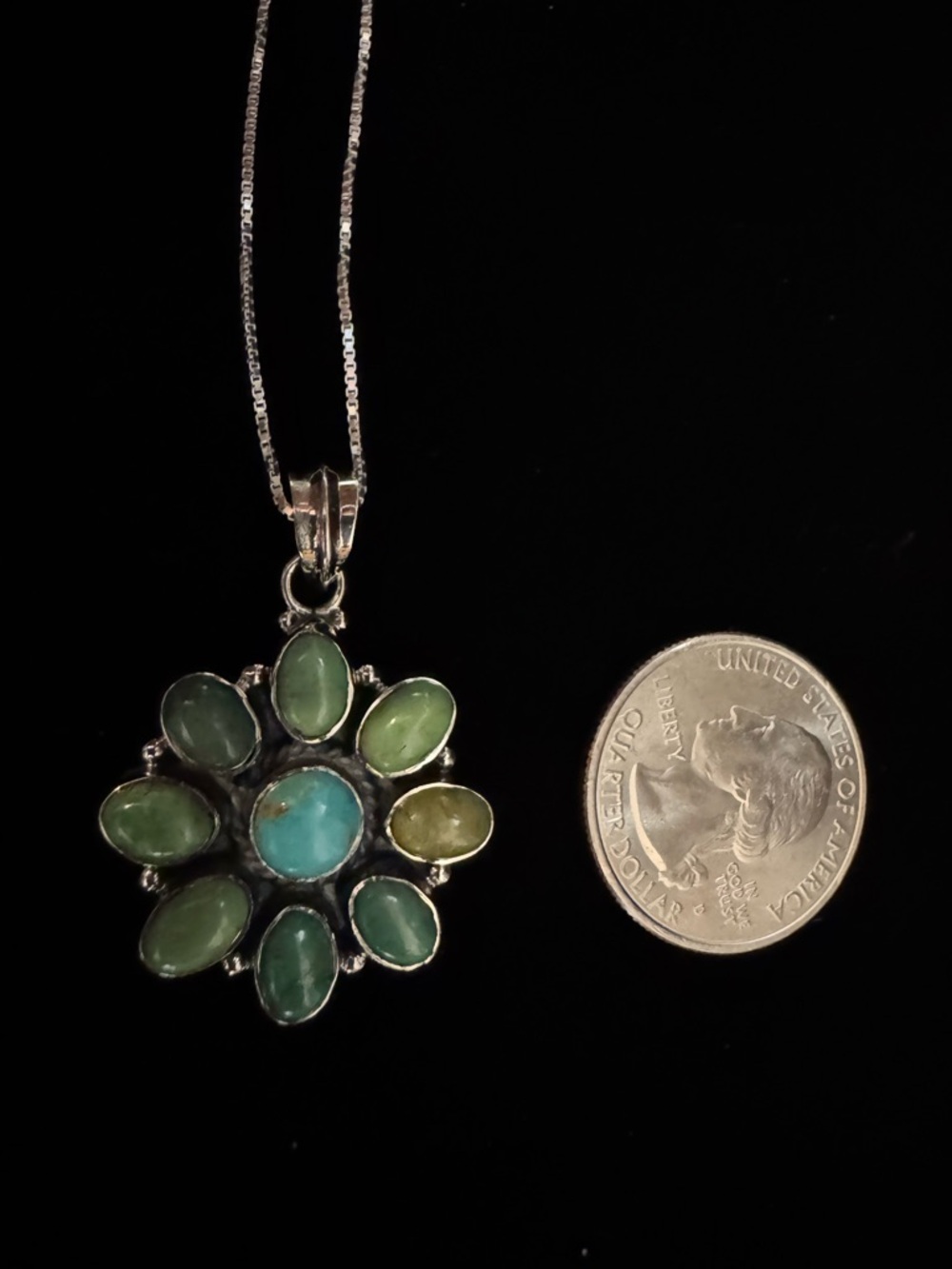 Sterling Silver Green Turquoise Flower Pendant Necklace - Picture 4 of 5